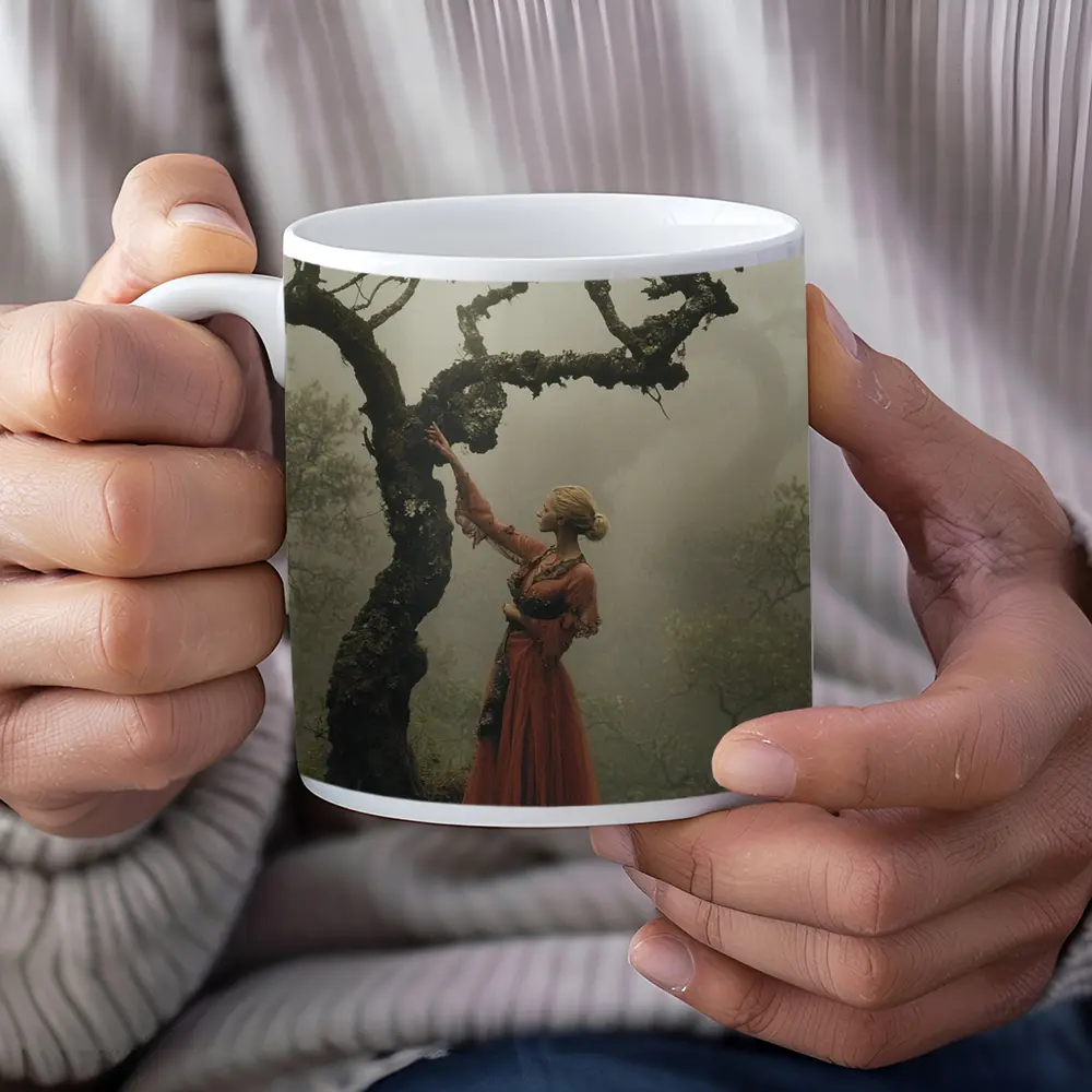 Woman With Red Bird Misty Forest – Mugs