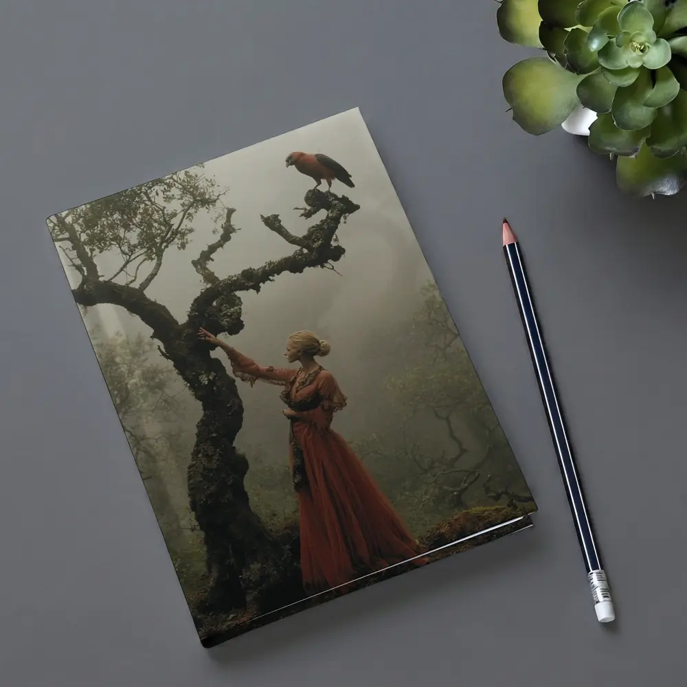 Woman With Red Bird Misty Forest – Notebooks
