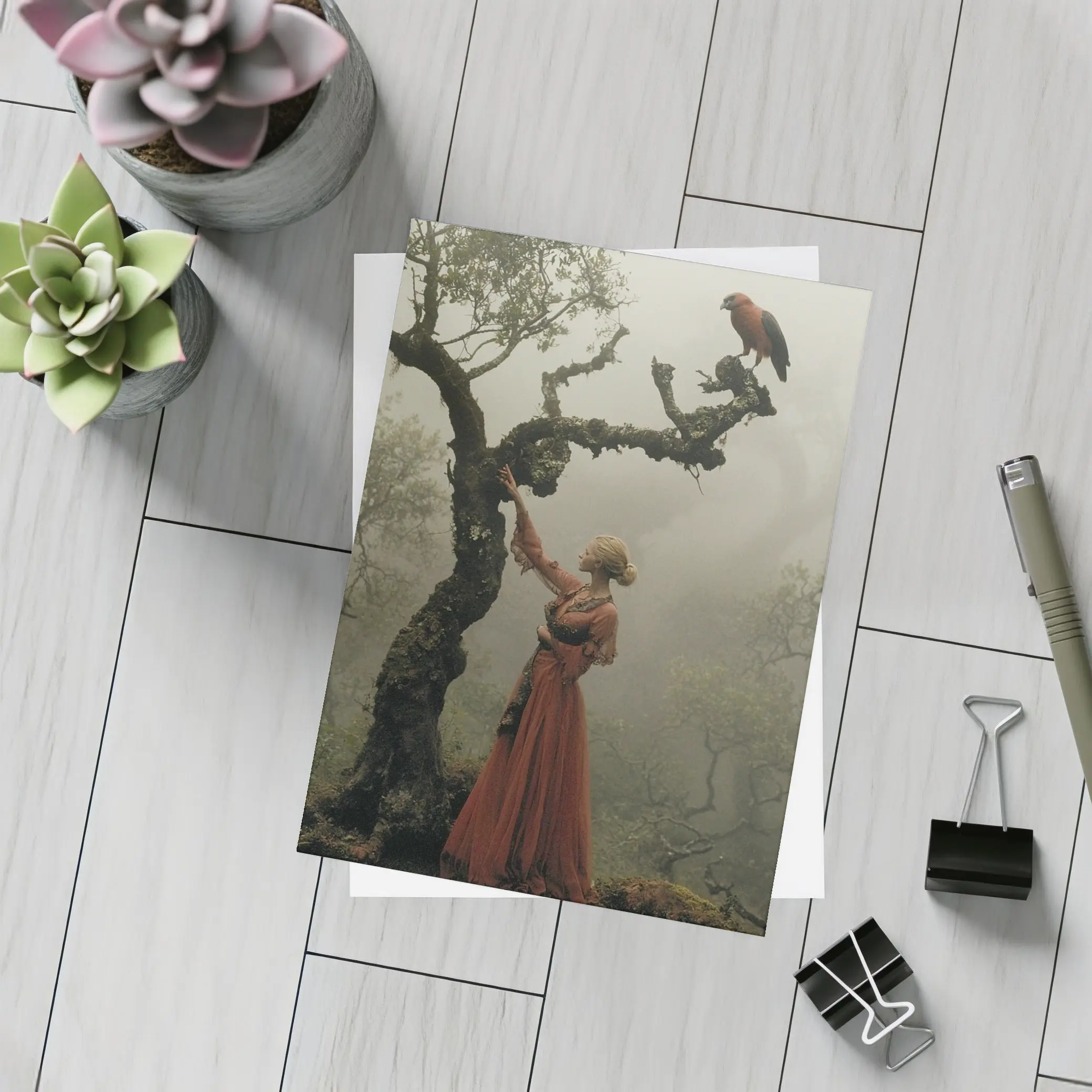 Woman With Red Bird Misty Forest – Postcards