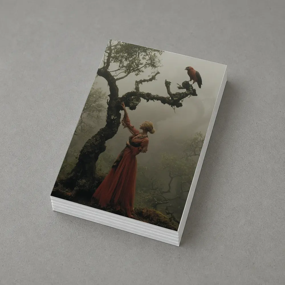 Woman With Red Bird Misty Forest – Postcards