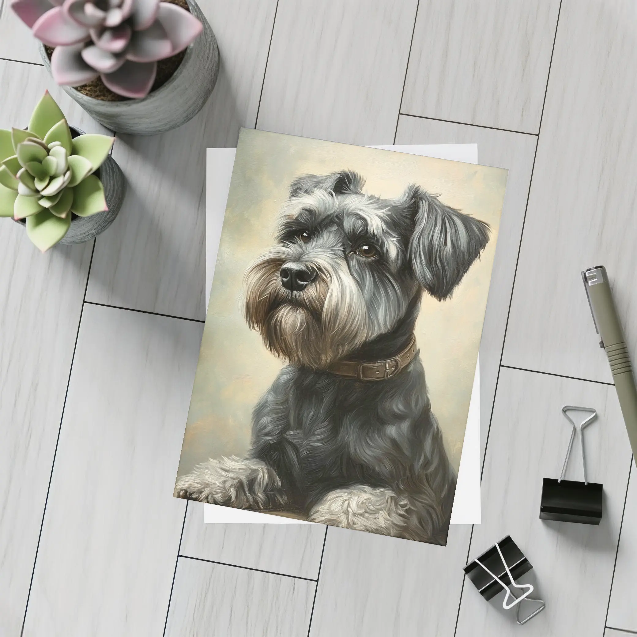 Schnauzer Dog Oil Painting Neutral Background – Postcards