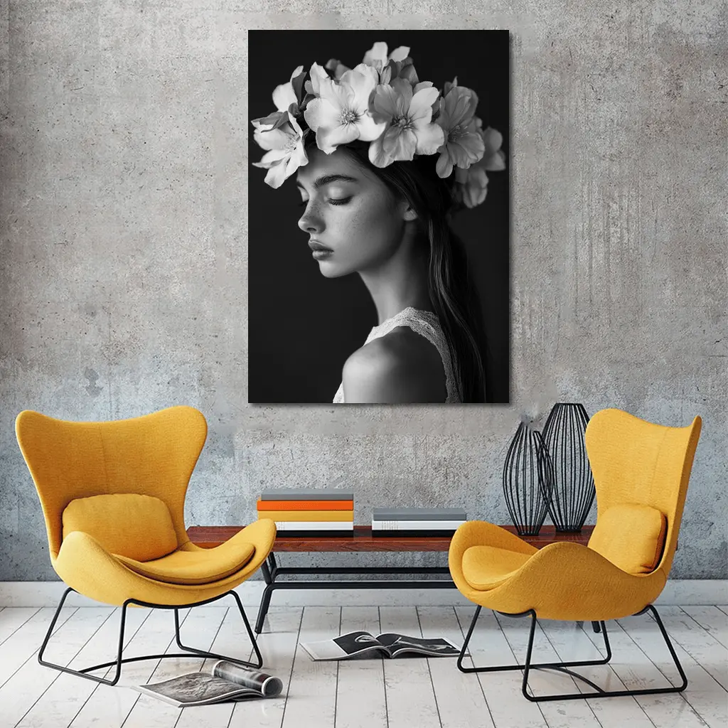 Woman Flower Crown Black White Portrait – Wall Art