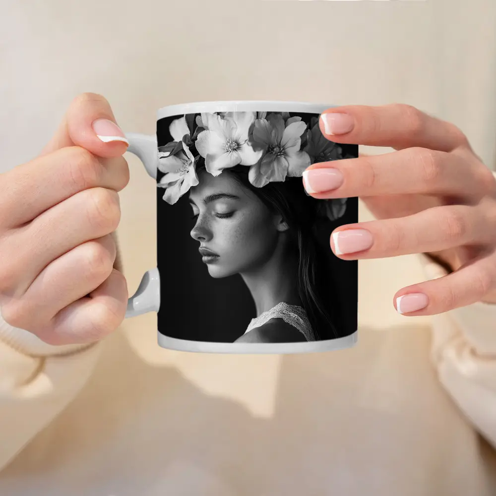 Woman Flower Crown Black White Portrait – Mugs