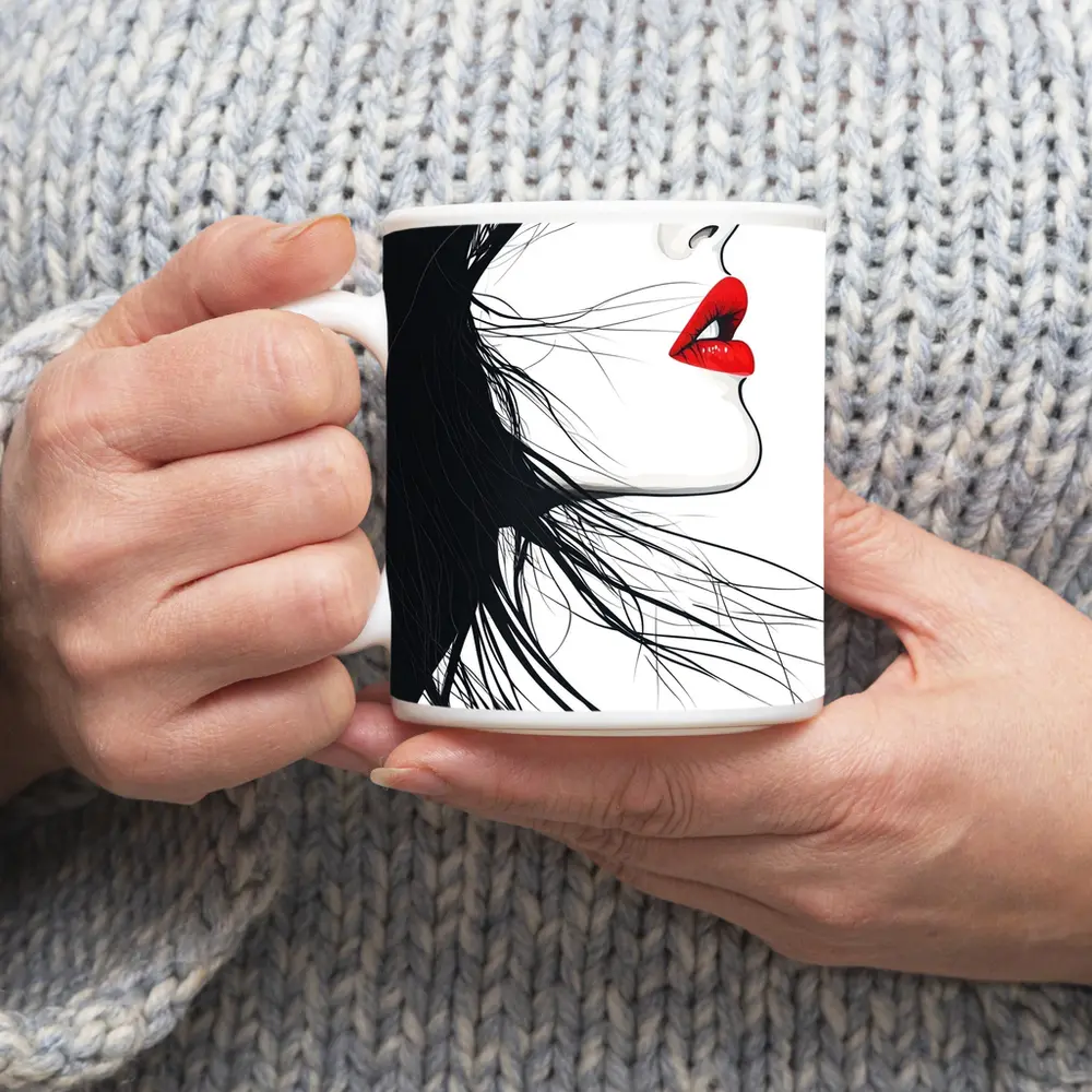 Woman Side Profile Red Lips Black Hair – Mugs
