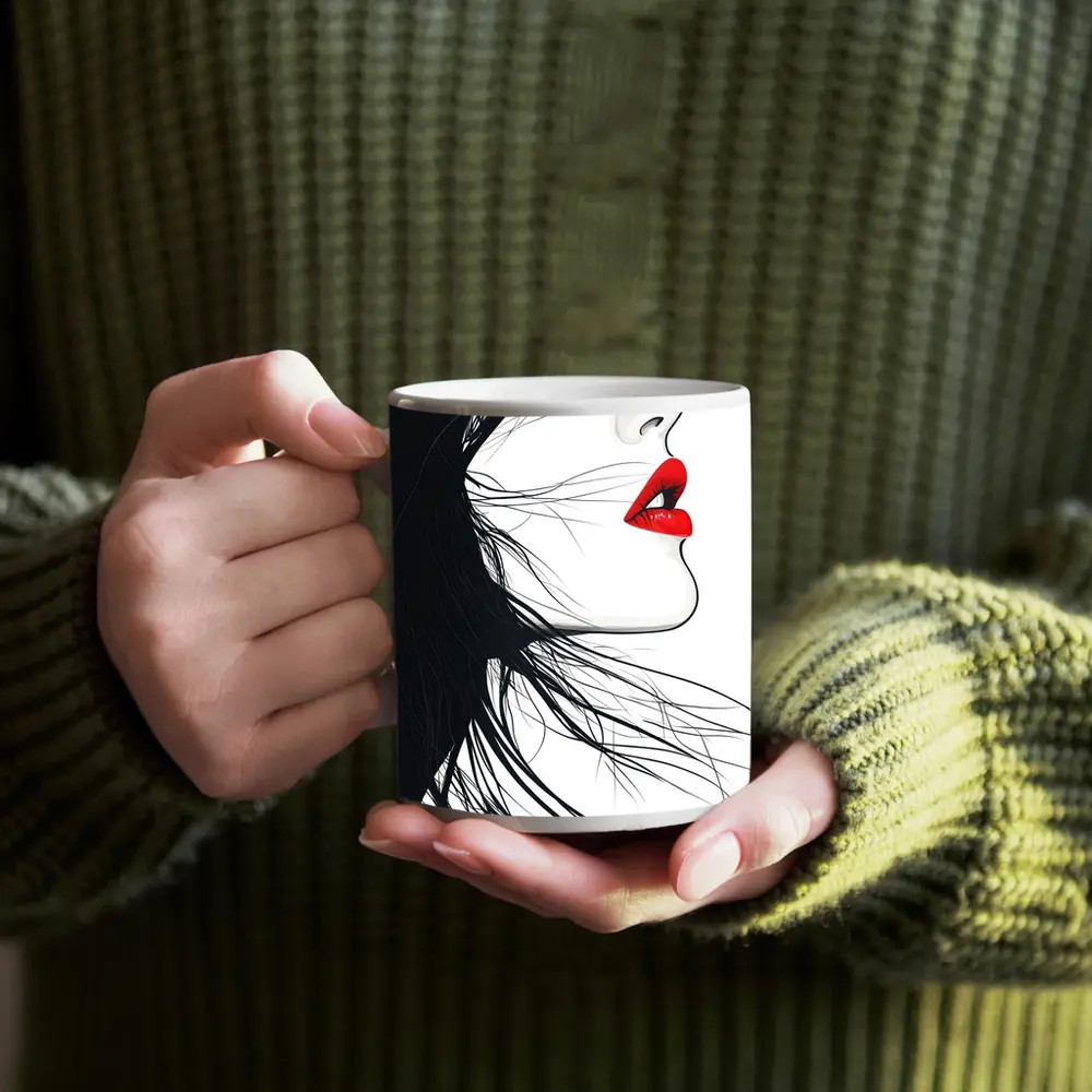 Woman Side Profile Red Lips Black Hair – Mugs