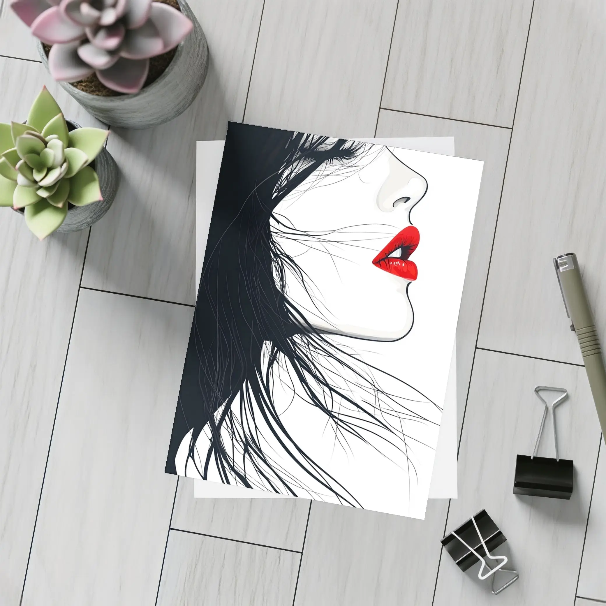 Woman Side Profile Red Lips Black Hair – Postcards