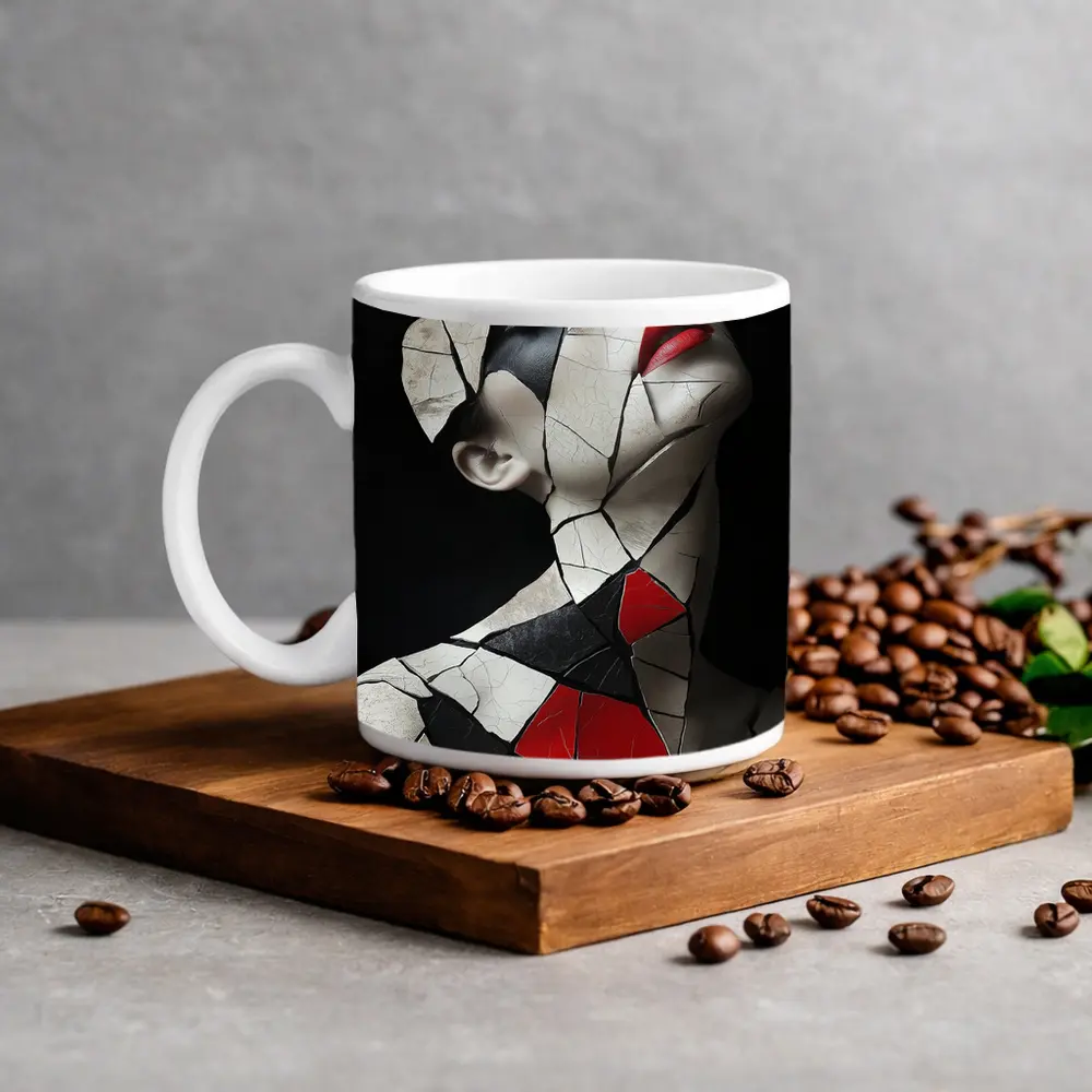 Mosaic Woman Portrait Black White Red – Mugs