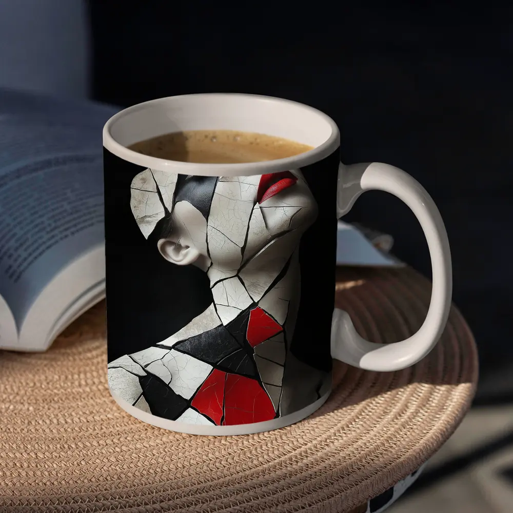 Mosaic Woman Portrait Black White Red – Mugs
