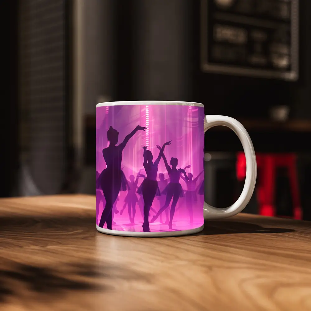 Ballet Dancers Silhouettes Purple Glowing Stage – Mugs