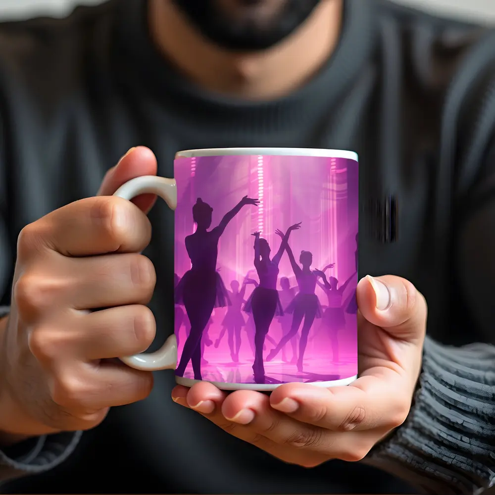 Ballet Dancers Silhouettes Purple Glowing Stage – Mugs