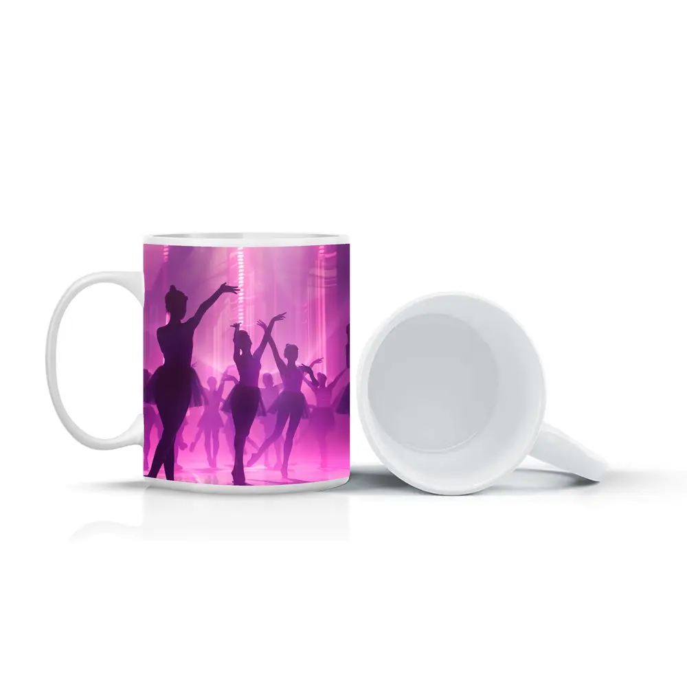 Ballet Dancers Silhouettes Purple Glowing Stage – Mugs