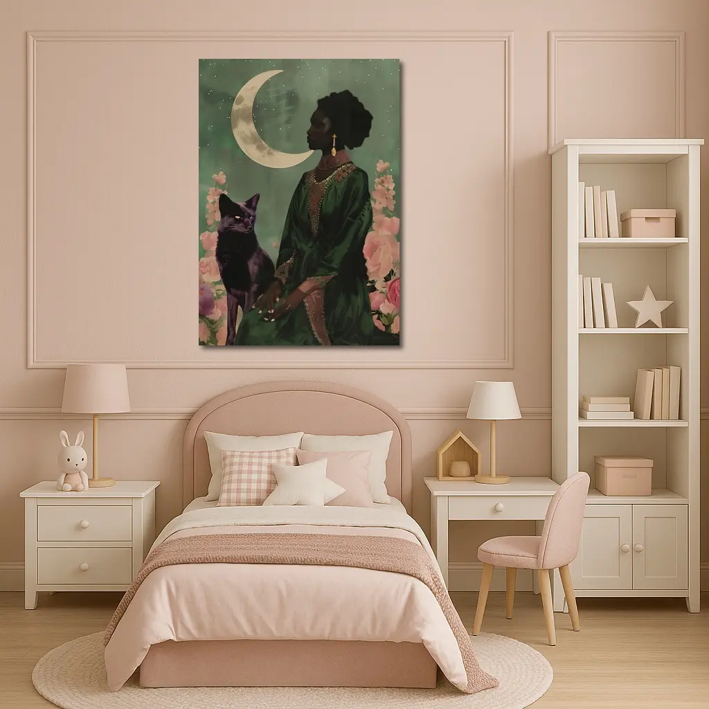 Black Fox Woman Crescent Moon Green Art – Wall Art