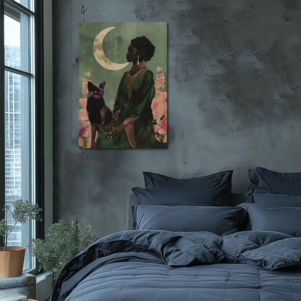 Black Fox Woman Crescent Moon Green Art – Wall Art