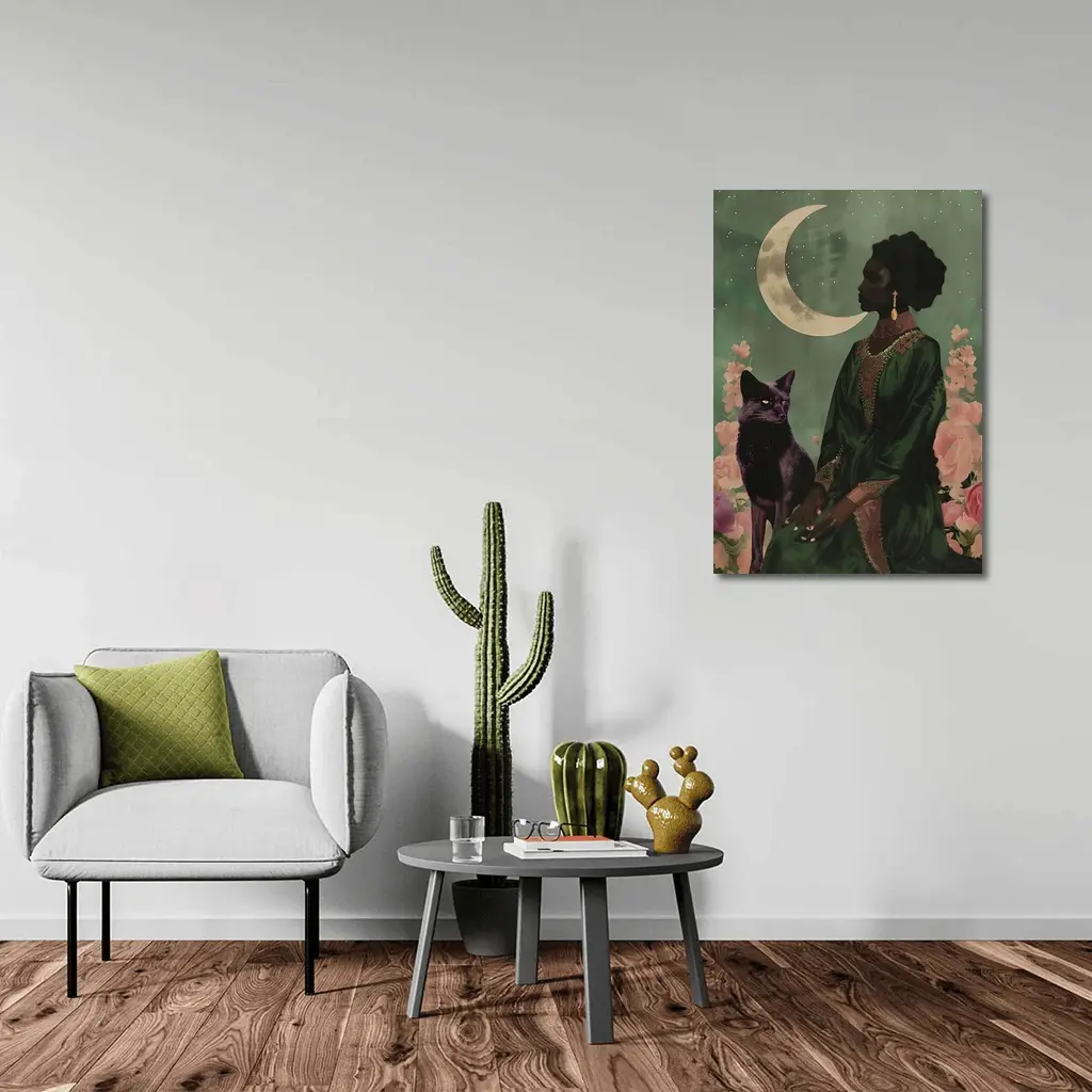 Black Fox Woman Crescent Moon Green Art – Wall Art