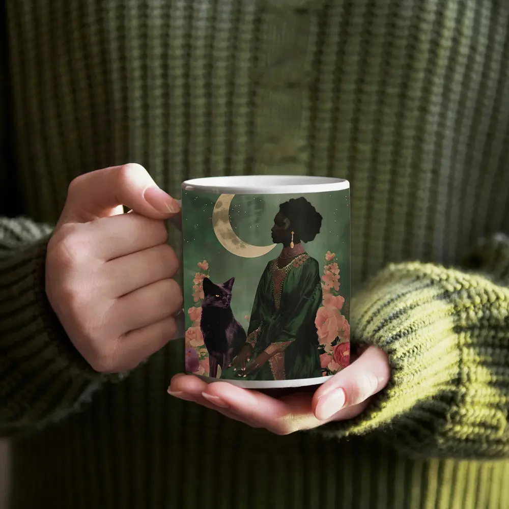 Black Fox Woman Crescent Moon Green Art – Mugs
