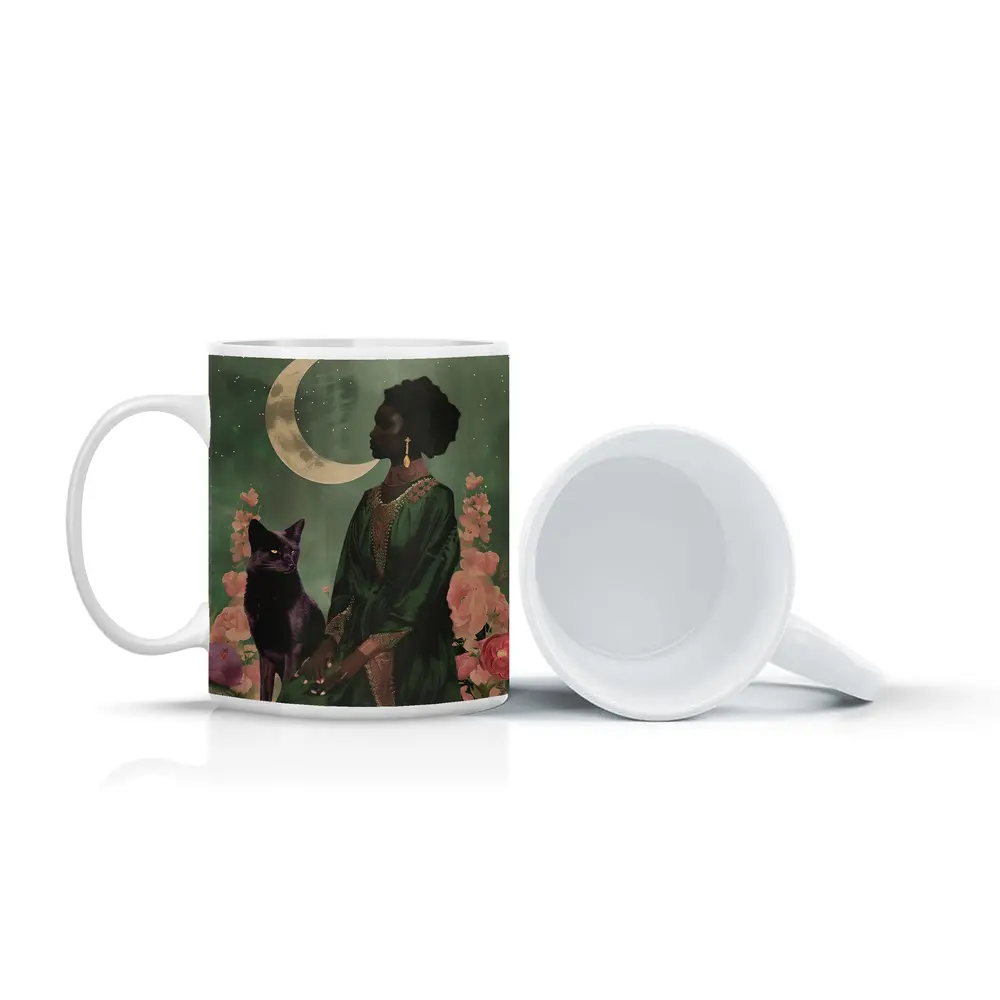 Black Fox Woman Crescent Moon Green Art – Mugs
