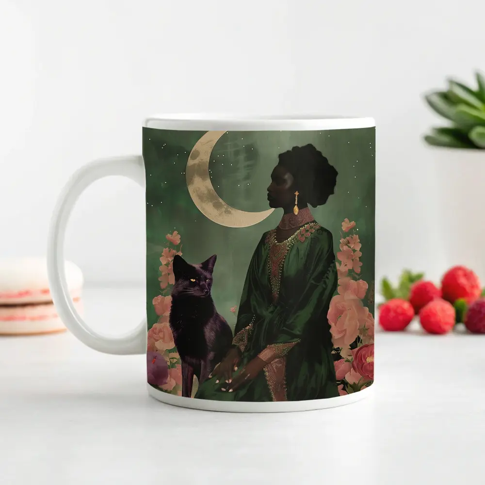 Black Fox Woman Crescent Moon Green Art – Mugs