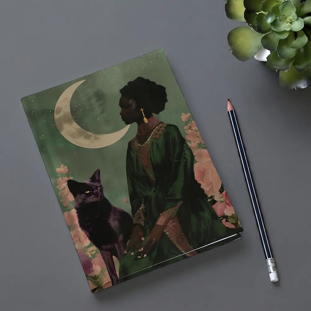 Black Fox Woman Crescent Moon Green Art – Notebooks