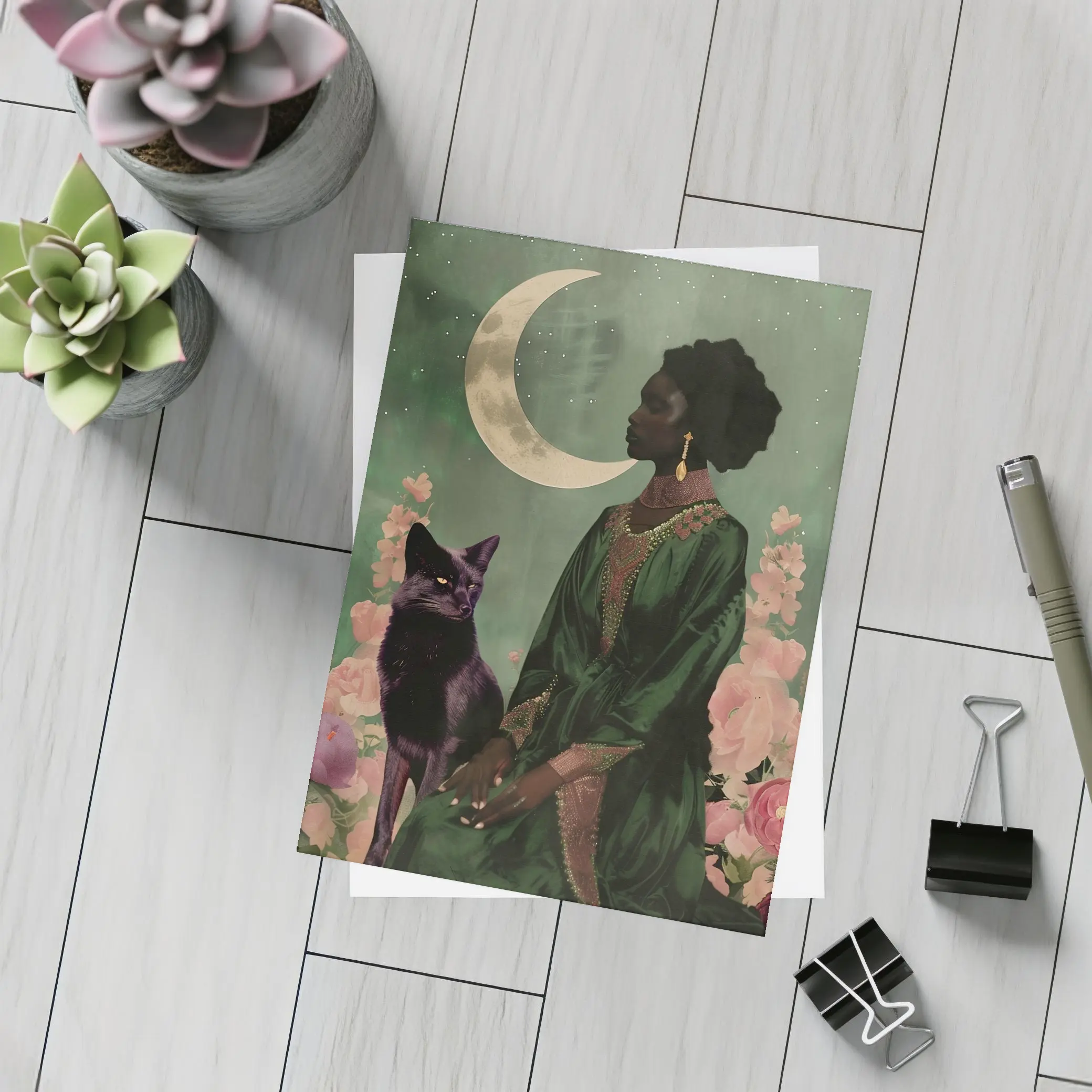 Black Fox Woman Crescent Moon Green Art – Postcards