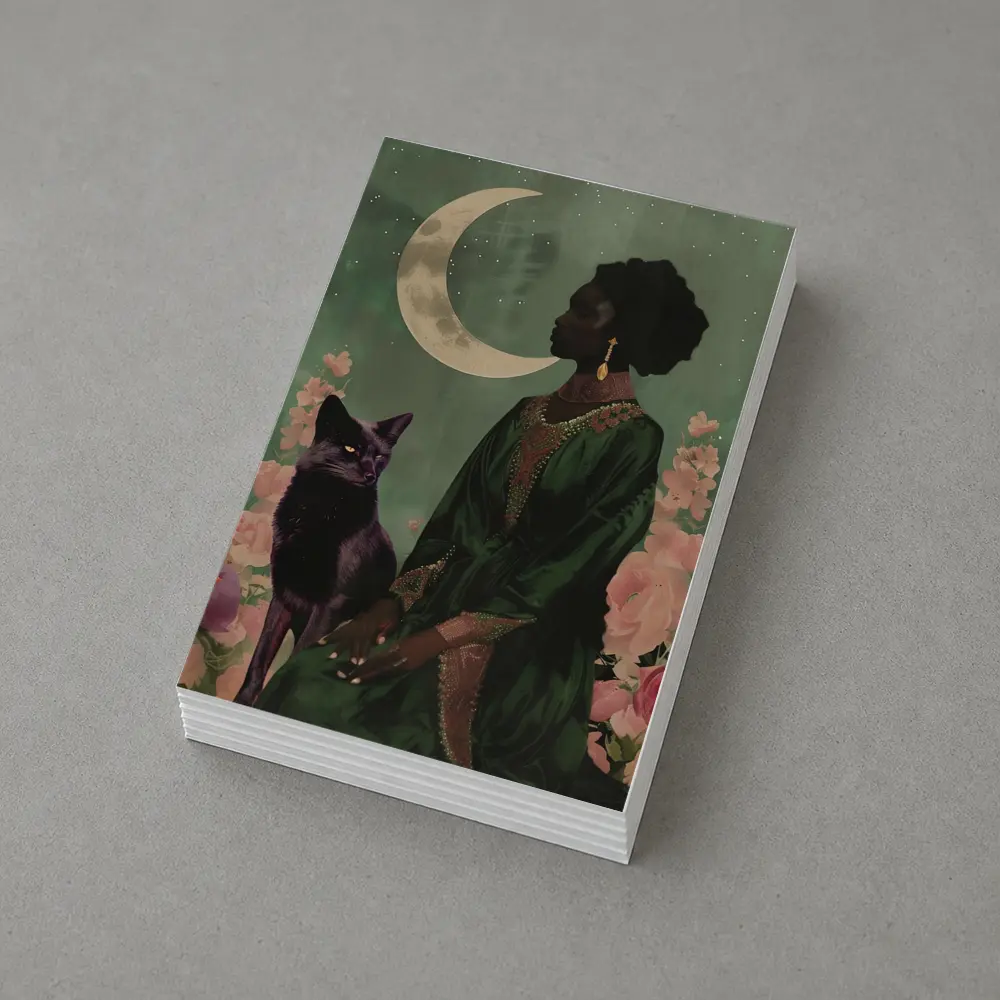Black Fox Woman Crescent Moon Green Art – Postcards