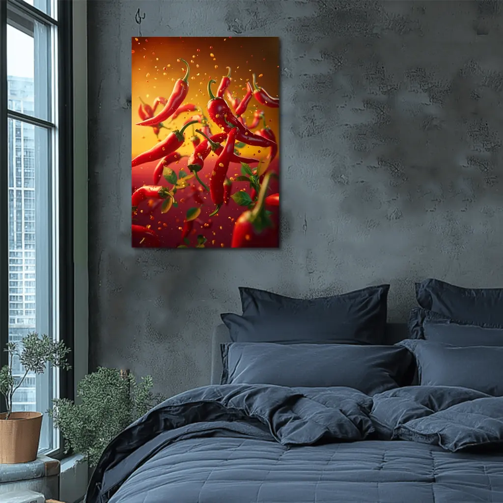 Red Chili Peppers Flying Orange Background – Wall Art