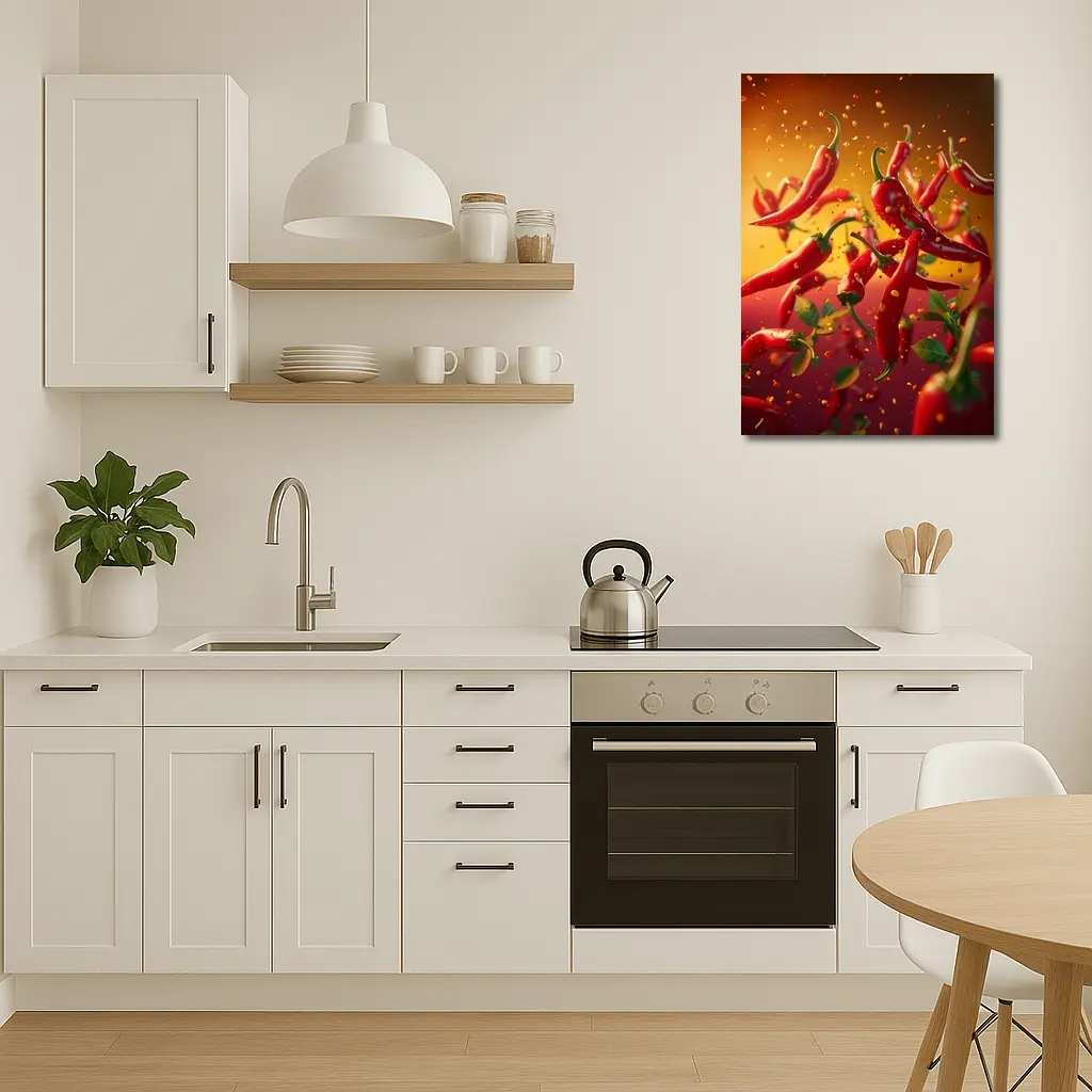 Red Chili Peppers Flying Orange Background – Wall Art