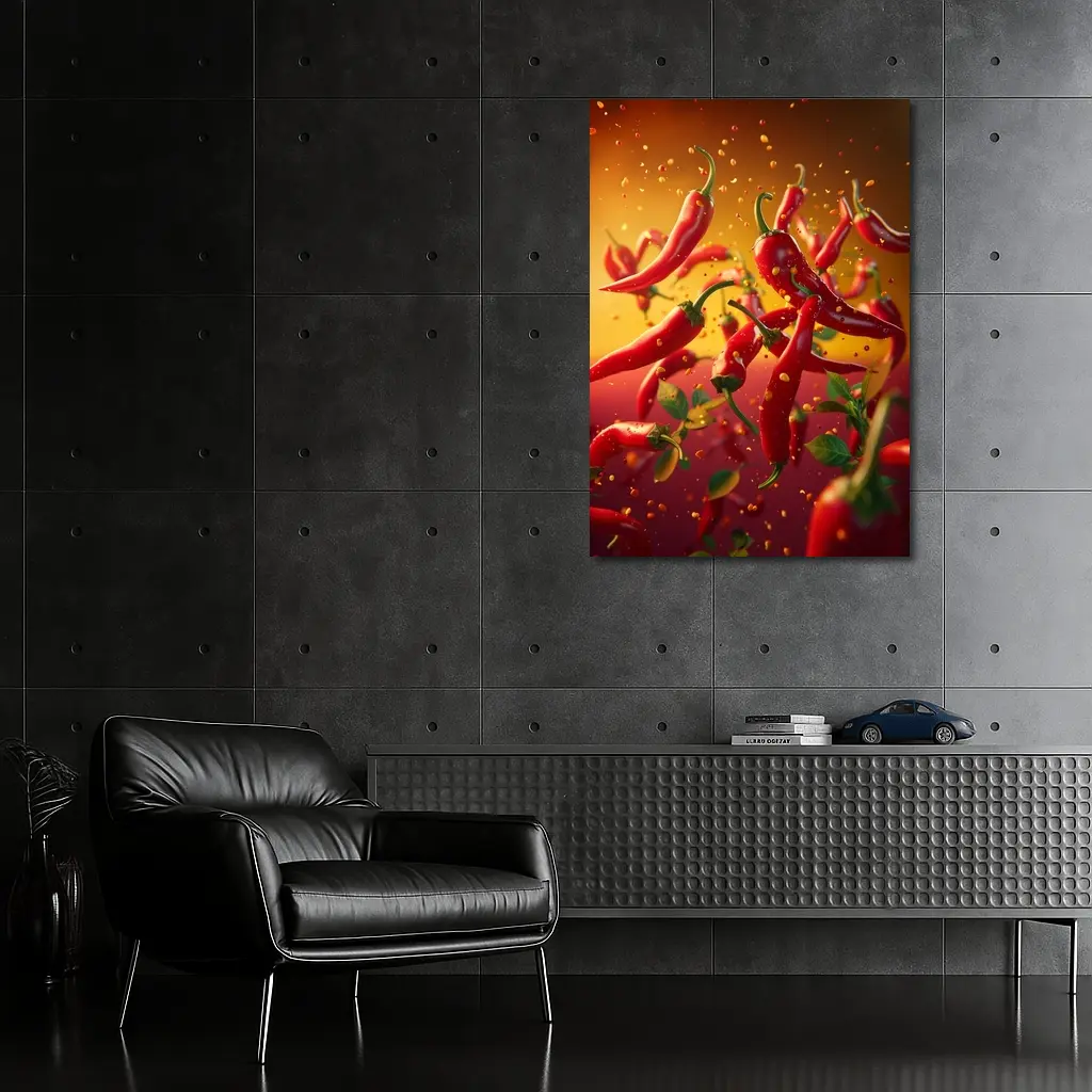Red Chili Peppers Flying Orange Background – Wall Art