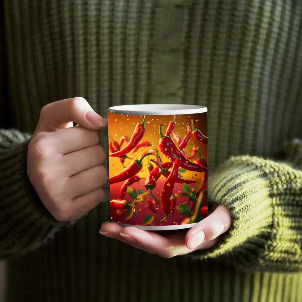 Red Chili Peppers Flying Orange Background – Mugs