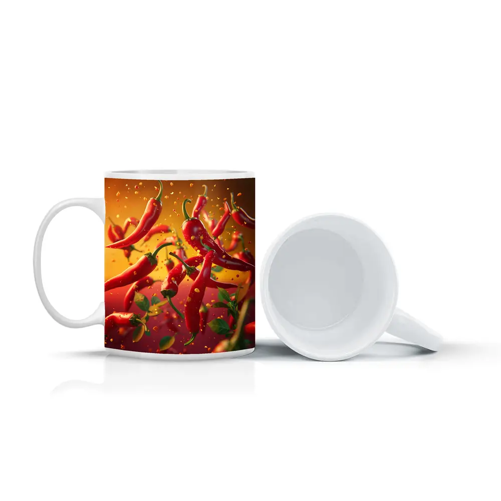 Red Chili Peppers Flying Orange Background – Mugs