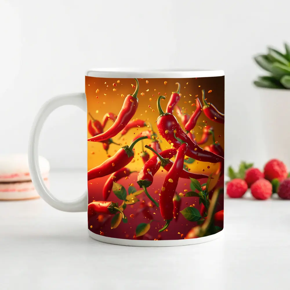 Red Chili Peppers Flying Orange Background – Mugs