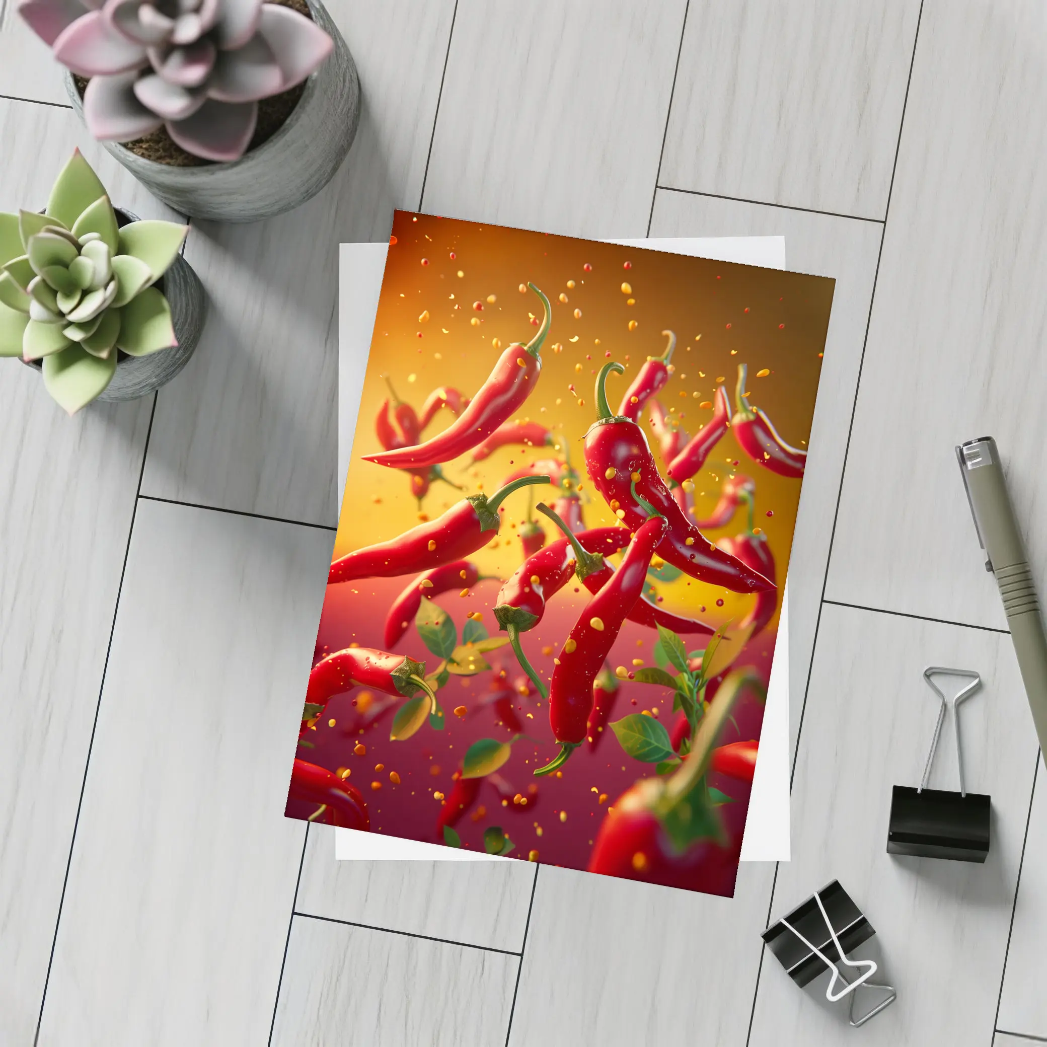 Red Chili Peppers Flying Orange Background – Postcards