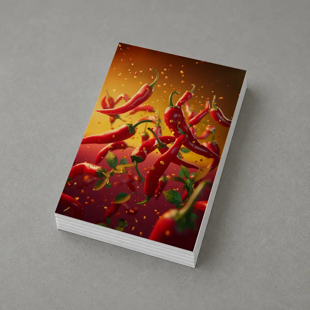 Red Chili Peppers Flying Orange Background – Postcards