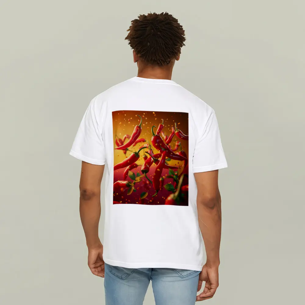 Red Chili Peppers Flying Orange Background – T-Shirts
