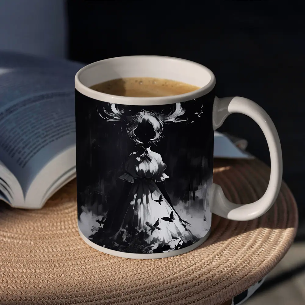 Dark Anime Girl Butterflies Black White Art – Mugs