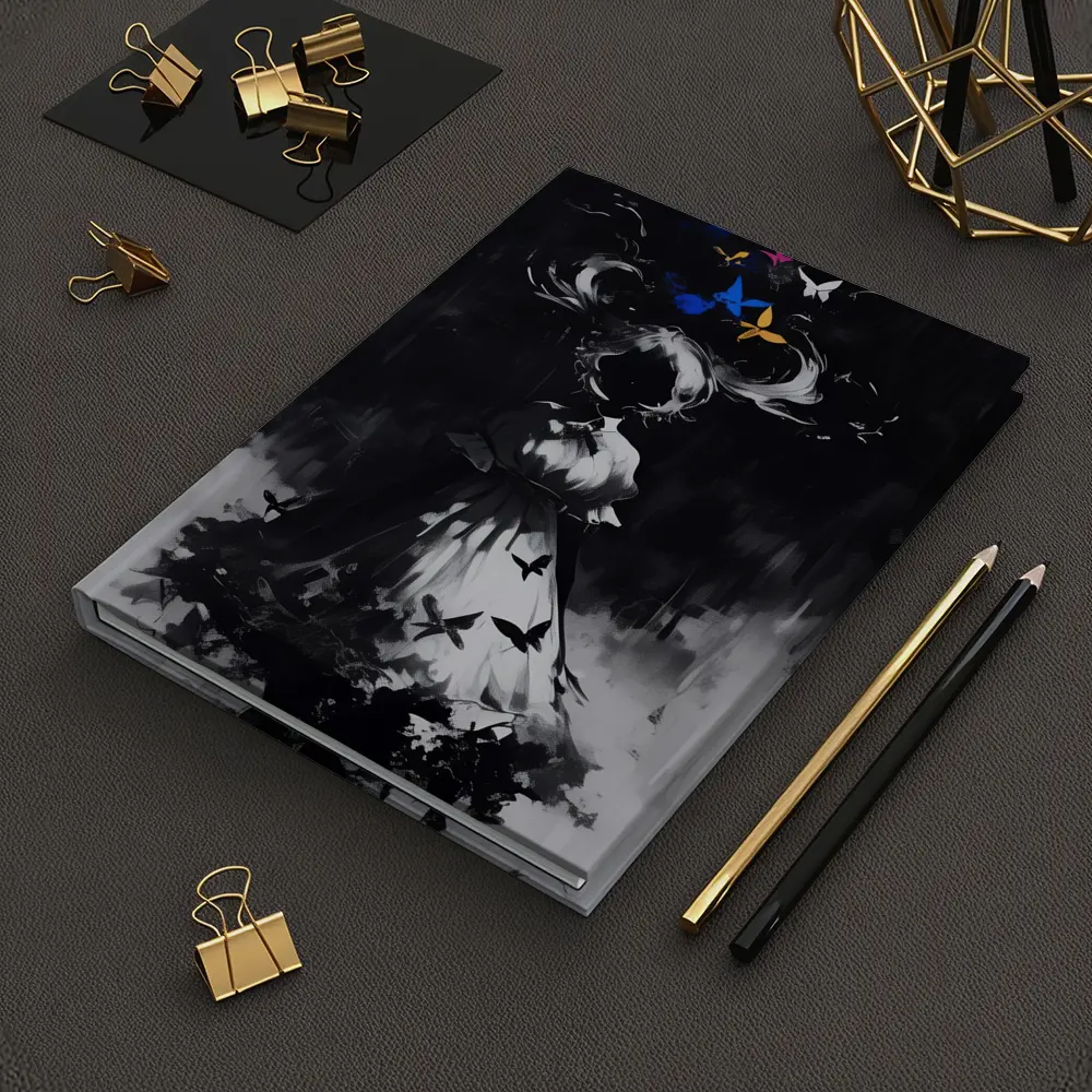 Dark Anime Girl Butterflies Black White Art – Notebooks
