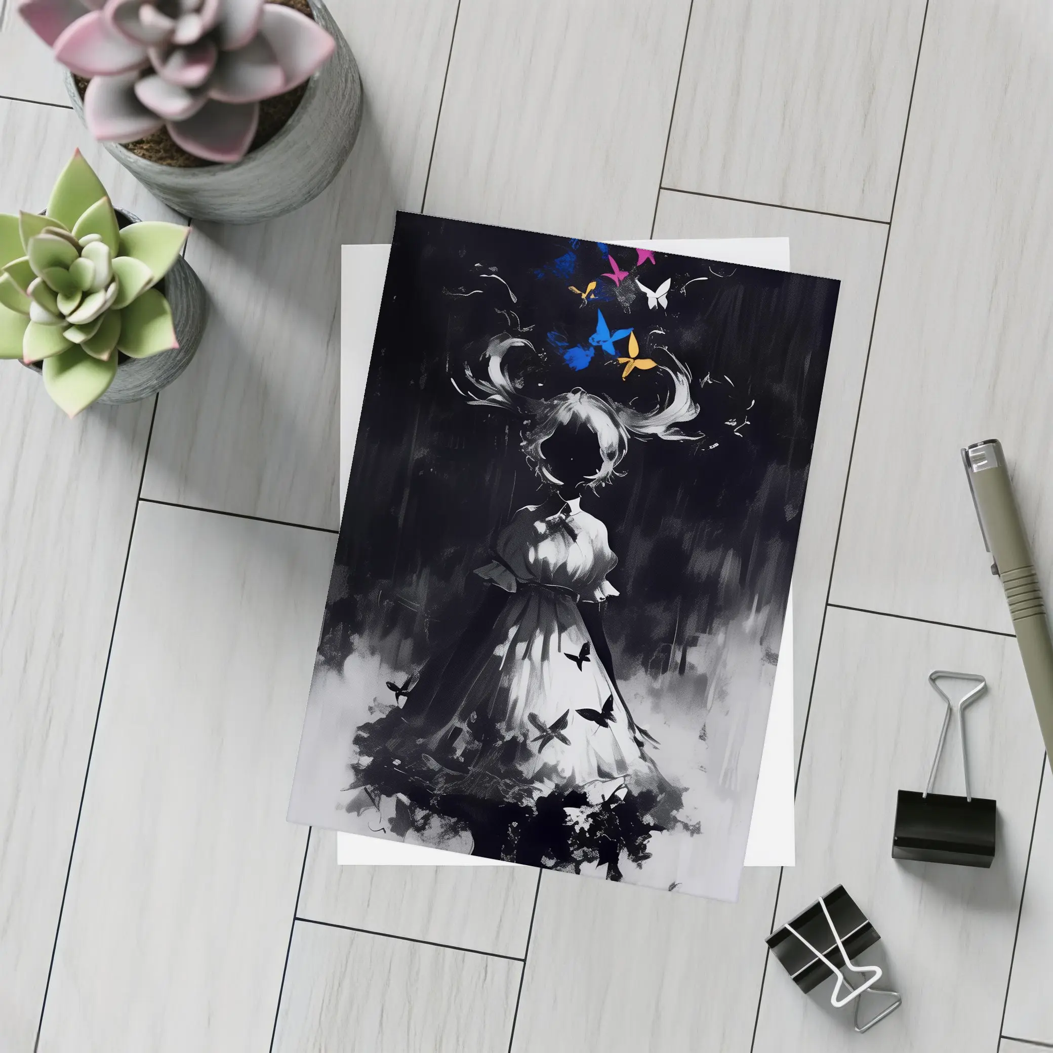 Dark Anime Girl Butterflies Black White Art – Postcards