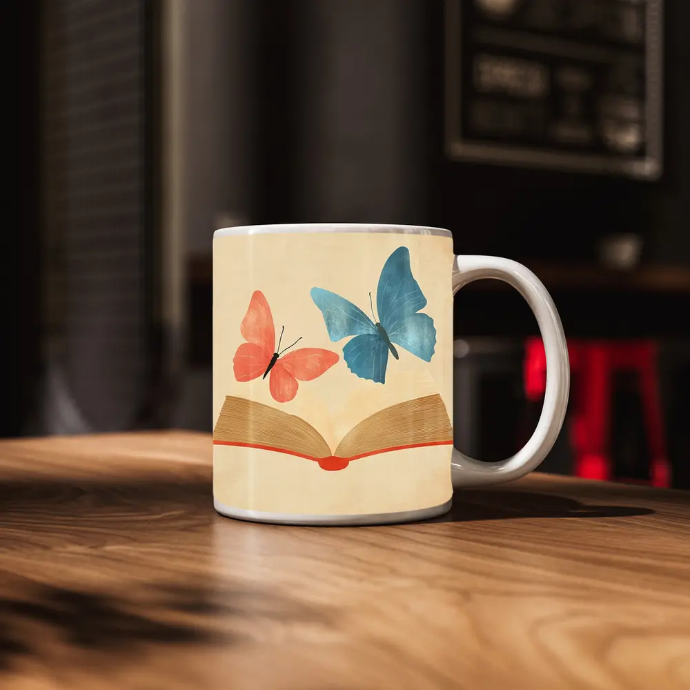 Two Butterflies Flying From Open Book – Mugs
