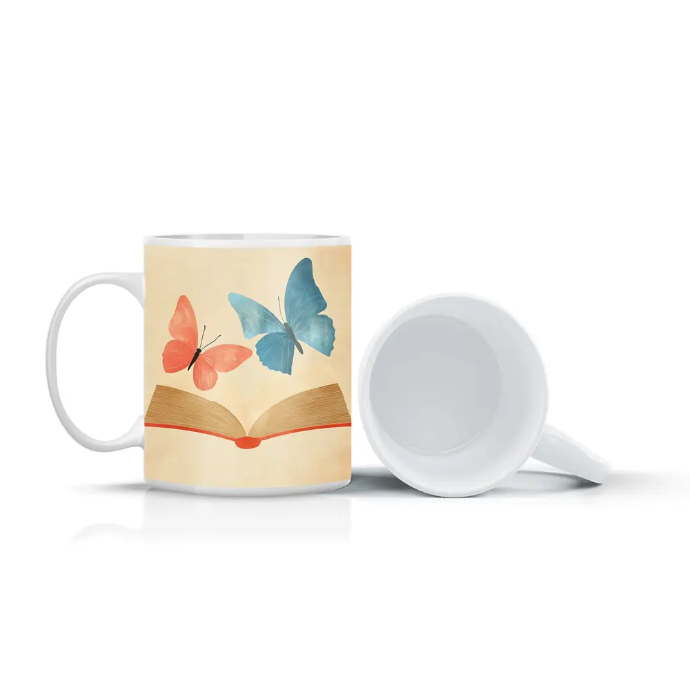 Two Butterflies Flying From Open Book – Mugs