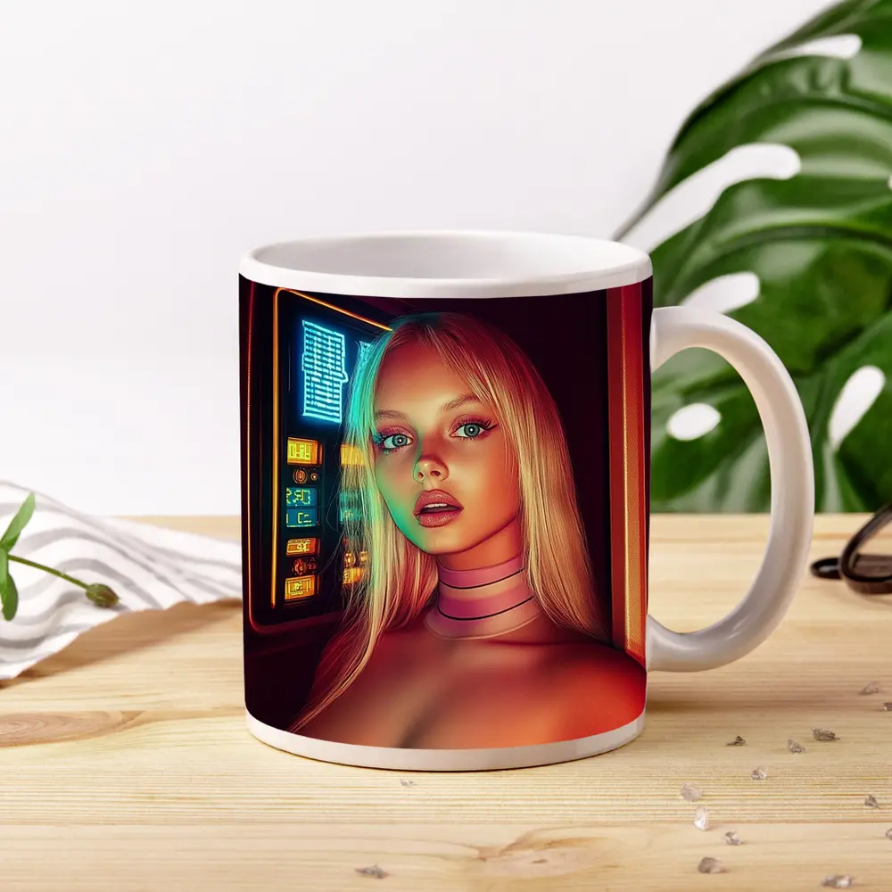 Neon Cyberpunk Woman Portrait Futuristic Sci Fi – Mugs