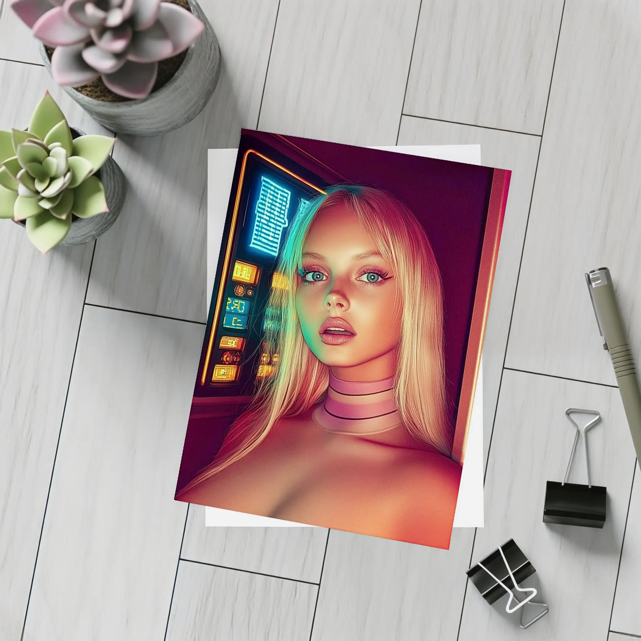 Neon Cyberpunk Woman Portrait Futuristic Sci Fi – Postcards