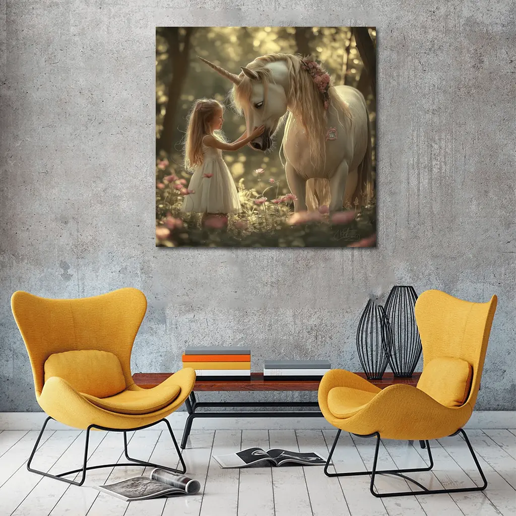 Little Girl and Unicorn Forest Fantasy – Wall Art