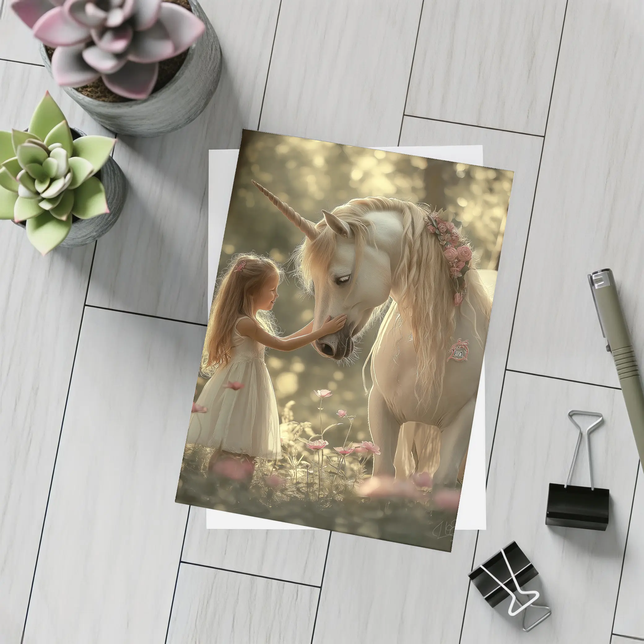 Little Girl and Unicorn Forest Fantasy – Postcards