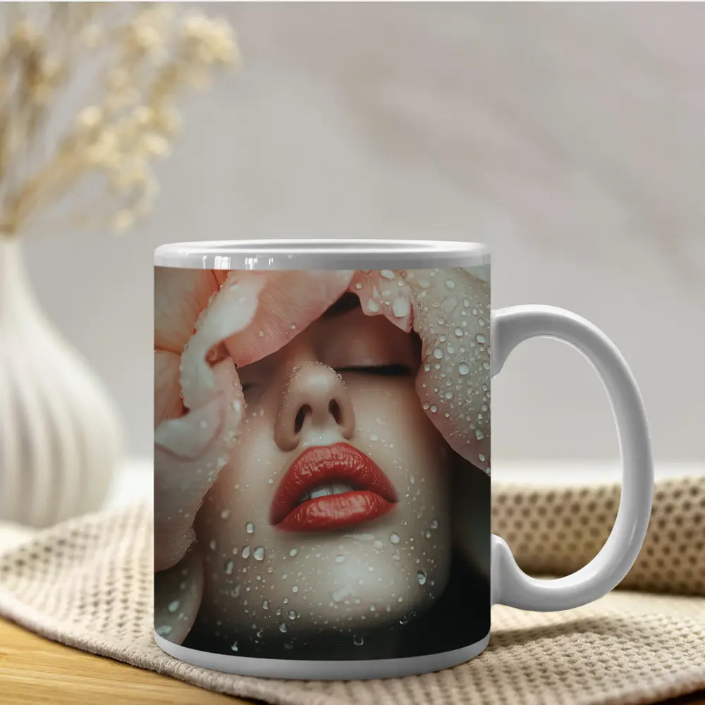 Woman Face Peony Petals Water Drops – Mugs