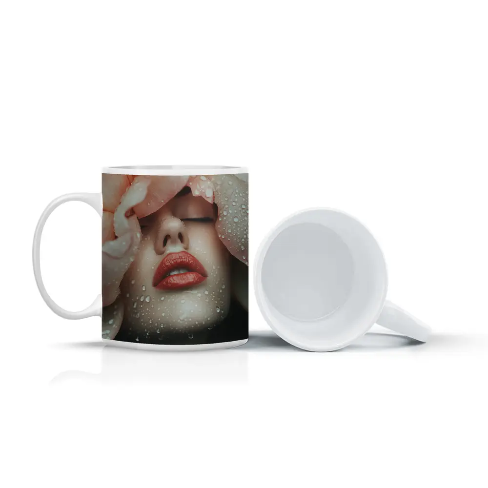 Woman Face Peony Petals Water Drops – Mugs