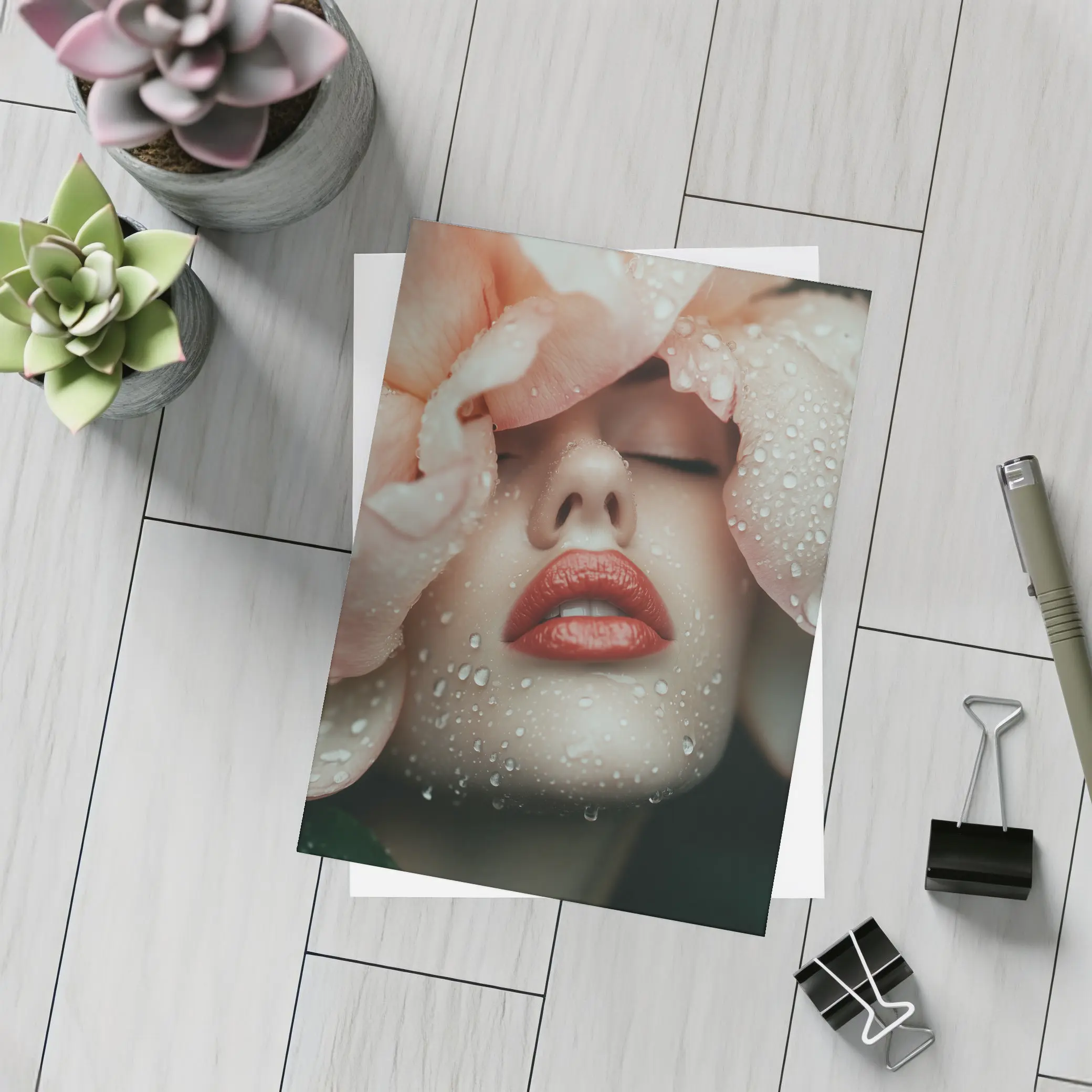 Woman Face Peony Petals Water Drops – Postcards