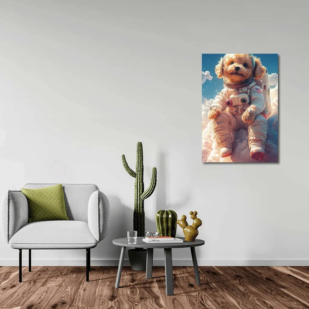 Poodle Puppy Astronaut Floating Among Clouds – Wall Art