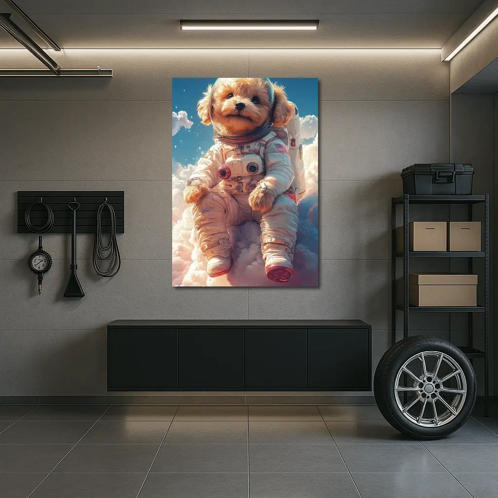 Poodle Puppy Astronaut Floating Among Clouds – Wall Art