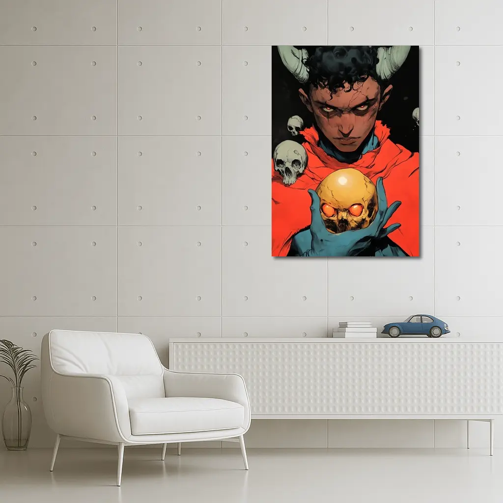 Dark Demon Holding Glowing Skull Comic Art – Wall Art