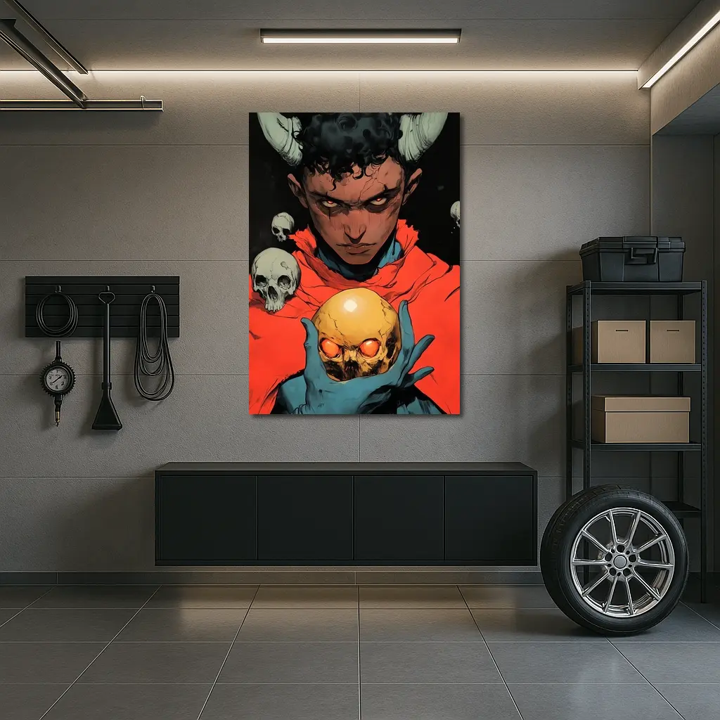 Dark Demon Holding Glowing Skull Comic Art – Wall Art