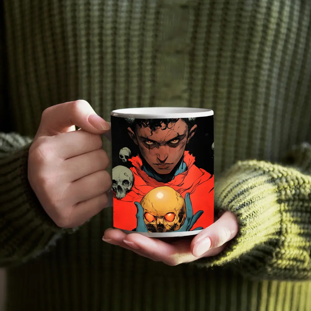 Dark Demon Holding Glowing Skull Comic Art – Mugs